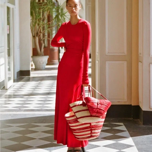 Altuzarra Masika Midi Ribbed Wrap Dress in Burnt Red Long Sleeve Size 38 (US6) - Picture 5 of 9